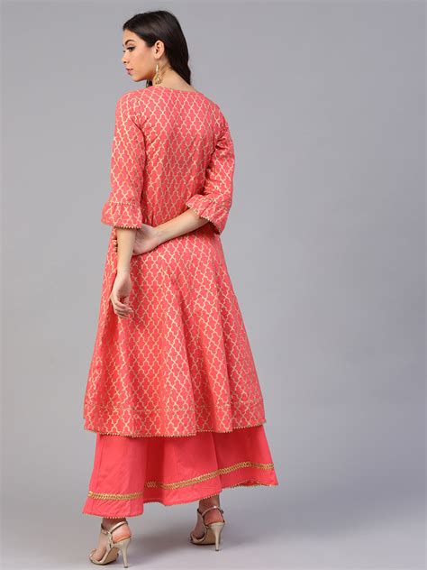 Shop Coral Pink And Golden Printed Kurta With Palazzos. Online