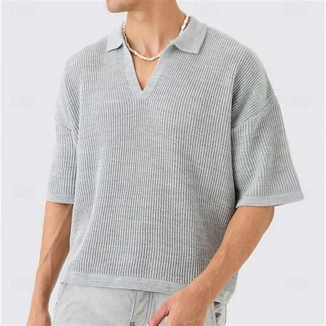 Men's Polo Shirts Textured Casual V Neck Short Sleeve Fashion Basic ...