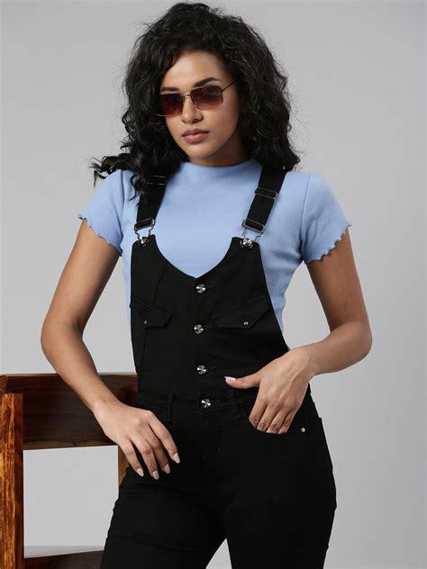 Buy Women's Black Denim Straight Leg Dungarees | Showoffff
