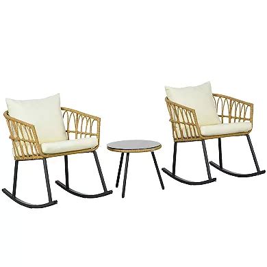 Outsunny 3 Piece Patio Rocking Chair Patio Set W/ Cushions & Glass Top