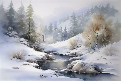 Paint a watercolor landscape of a winter scene, featuring a snow ...
