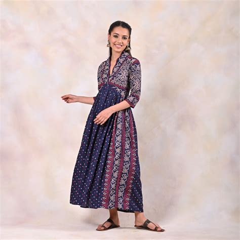 Buy Indigo Bandhani V Neck Alia Cut Dress | Rustorange