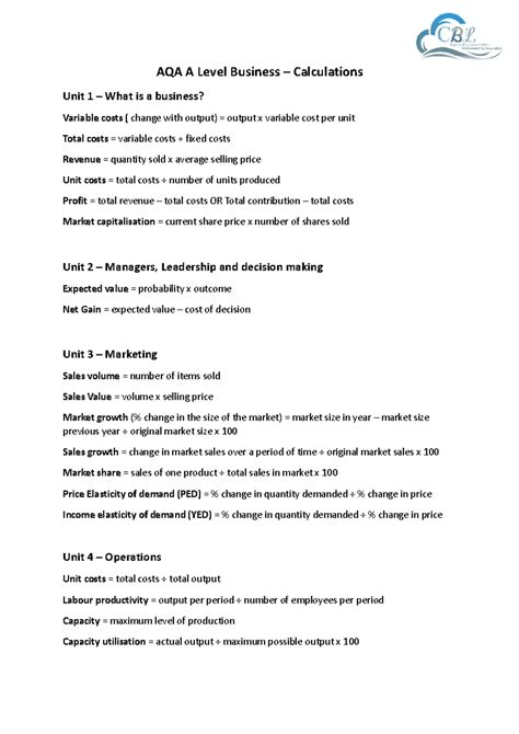 A Level Business Accounting Ratios Formula Sheet - Studocu