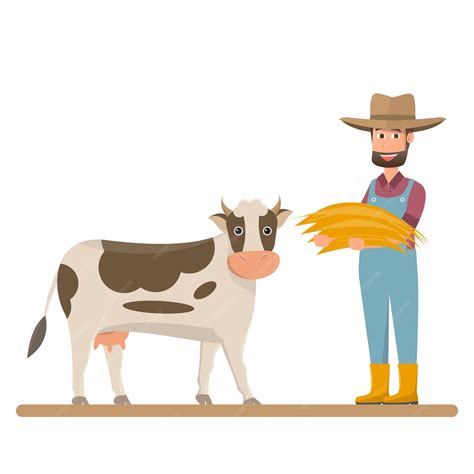 Agriculteur donne de la paille pour vache laitière | Vecteur Premium