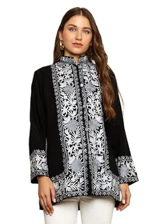 Buy CRAFTBAZAR Women's Kashmiri Embroidered Woolen Black Grey Border ...