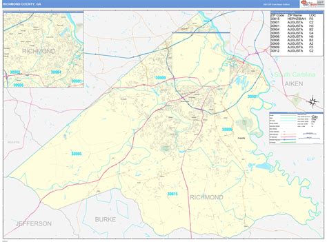 Richmond County, GA Zip Code Wall Map Basic Style by MarketMAPS - MapSales
