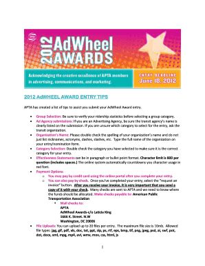 Fillable Online 2012 AdWHEEL AWARD ENTRY TIPS - American Public ... Fax ...