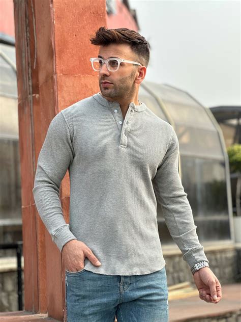 Gritstones Grey Melange Waffle Knit Henley Neck T-Shirt