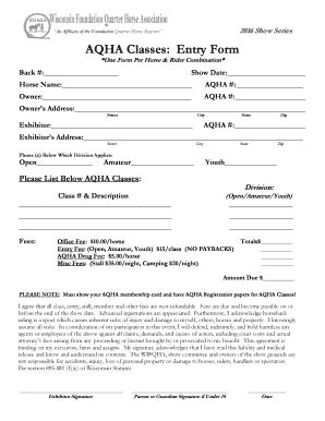 Fillable Online AQHA Classes: Entry Form - Wisconsin Foundation Quarter ...