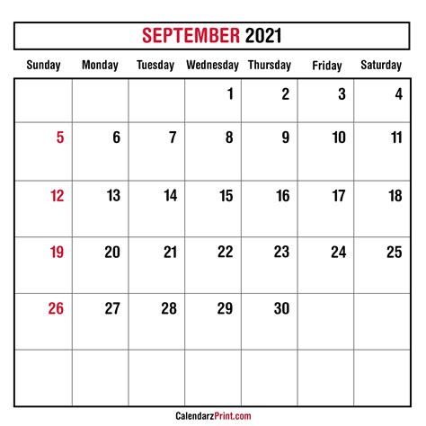 September 2021 Monthly Planner Calendar, Printable Free – Sunday Start ...