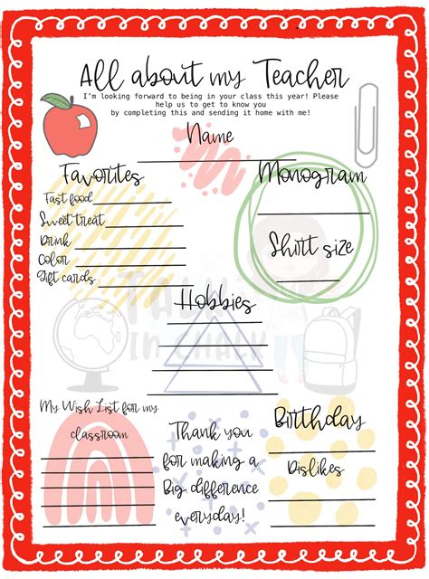 All About My Teacher Free Printable - Printable Word Searches