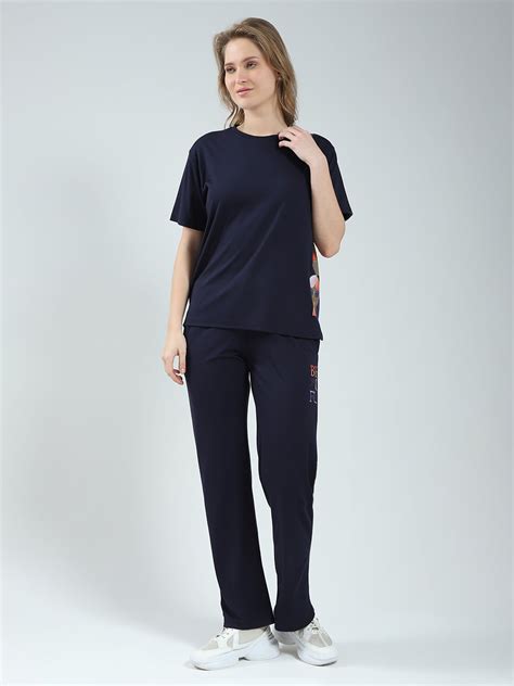 Buy Women Navy Blue Printed Round Neck Half Sleeve Lower Set Online in ...