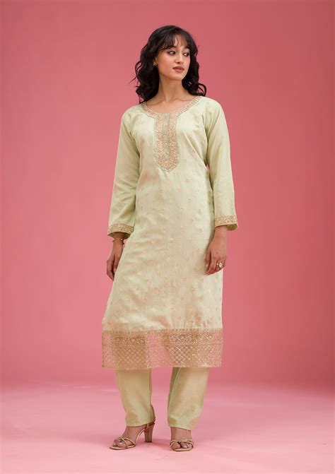 Buy Pista Green Cording Chanderi Readymade Salwar Suit - Koskii