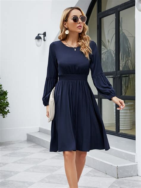 Solid Bishop Sleeve A-line Dress | A line dress, Blue dress casual ...