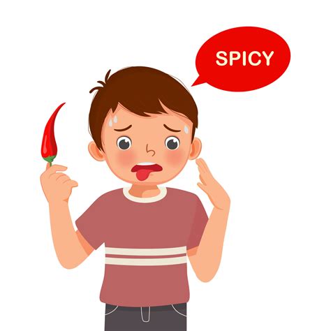 cute little boy holding red chili pepper showing spicy taste of tongue five senses 12664162 ...
