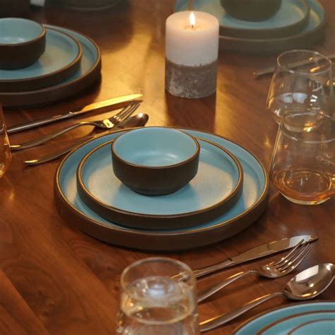 BlackCarrot 21 Pcs Handcrafted Brown & Blue Ceramic Dinner Set