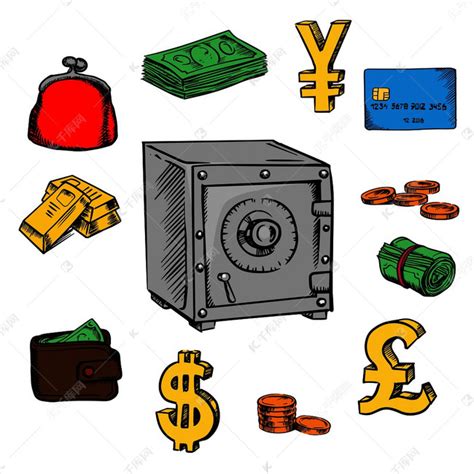 金融、商业和银行素描图标与美元钞票和硬币、银行信用卡、金条堆栈、日元、美元和英镑货币金色符号、钱包、钱包和保险箱。素材图片免费下载-千库网
