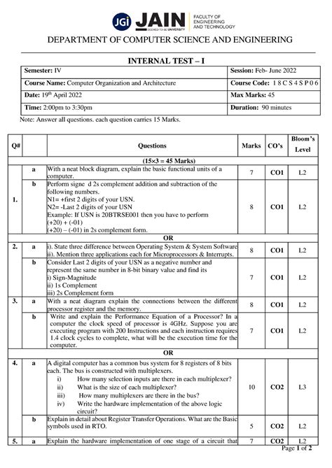 Internal TEST – I - Page 1 of 2 DEPARTMENT OF COMPUTER SCIENCE AND ...