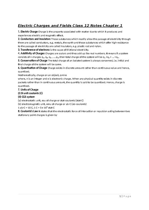 Physics Class 12 Notes: Electric Charges, Fields, and Current ...