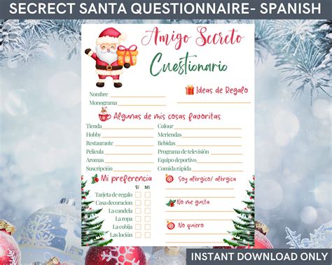 Secret santa questionnaire spanish version for work or family holiday ...