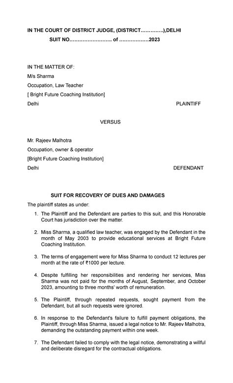 Plaint 2 - best study material - IN THE COURT OF DISTRICT JUDGE ...