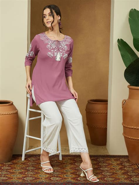 Janasya Women's Purple Pure Cotton Embroidered Straight Tunic