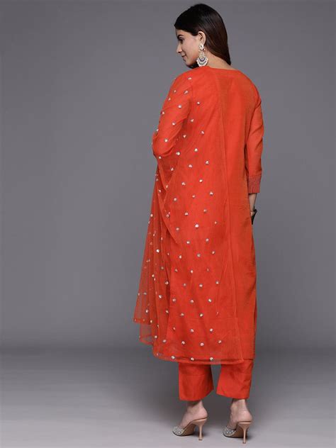 Varanga Women Orange Round Neck Embroidered Kurta With Tonal Bottom And ...