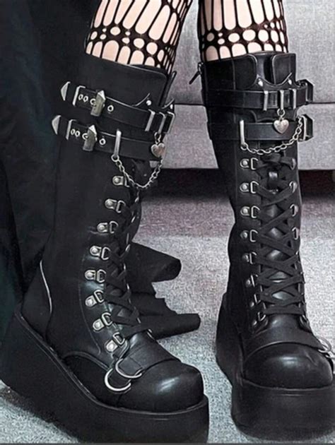 Women's Punk Platform Boots Fashion Side Zipper Wedges Mid Calf Boots ...