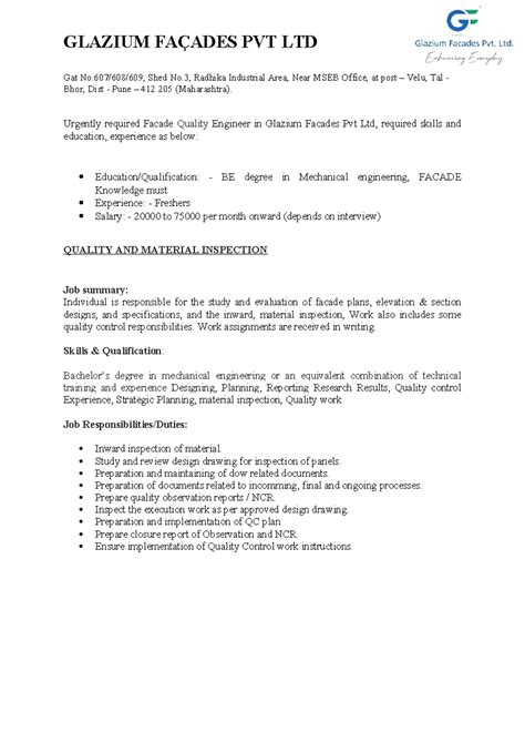 Facade Quality Engineer Position at Glazium Facades Pvt Ltd - Studocu