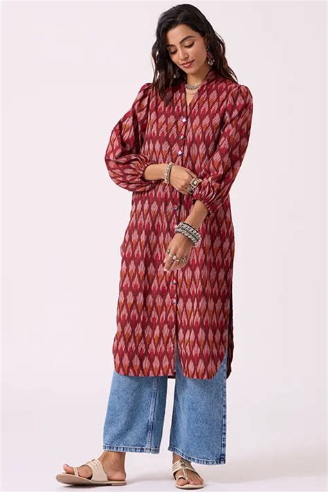 Okhai "Perky" Pure Cotton Ikat Maroon Kurta – Okhaistore