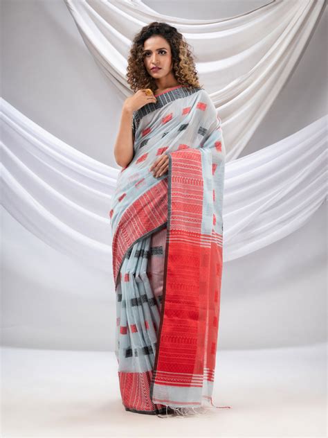 Sky Blue Cotton Handspun Soft Saree With Nakshi Design – Charukriti