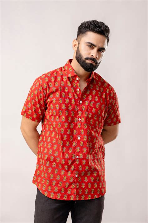 Red Reverie: Artisanal Block Print Half-Sleeve Shirt - Me & My – Me&My