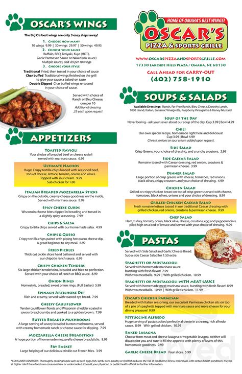 Menu for Oscar's Pizza & Sports Grille in Omaha, NE | Sirved