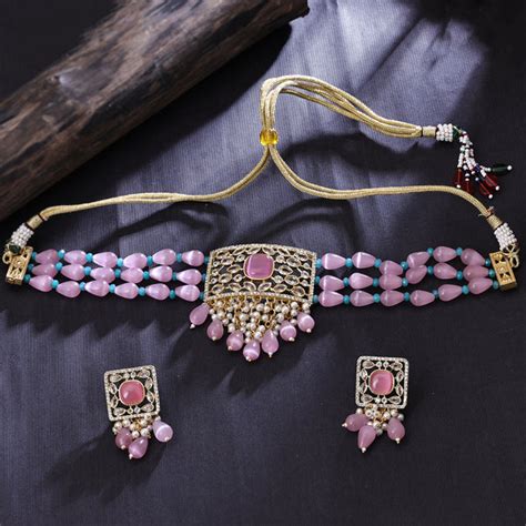 Sukkhi Gold Plated Pink Kundan & Pearl Choker Necklace Set for Women ...