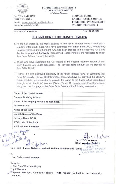 Information to Hostel Inmates (Girls Hostel) | Pondicherry University