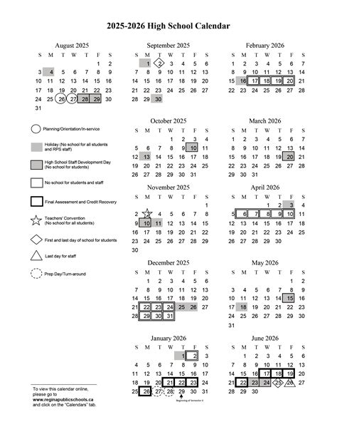 High School Calendar 2025-26 | Regina Public Schools