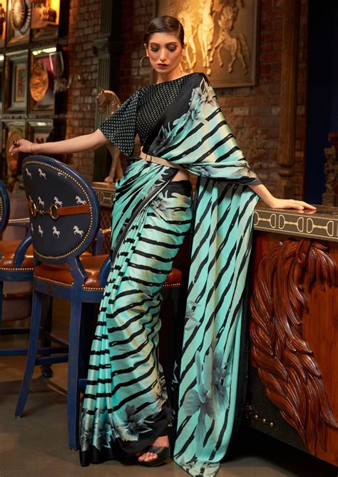 Digital Print Pure Satin Silk Green Saree Online Shopping India USA UK ...