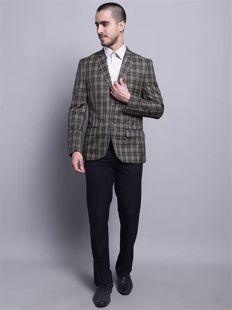 Men Olive checked Full Sleeves Formal Blazer – Cantabil