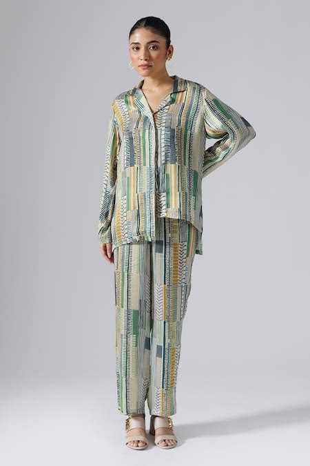 Buy Green Satin Printed Geometric Lines Lapel Collar Shirt And Pant Set ...