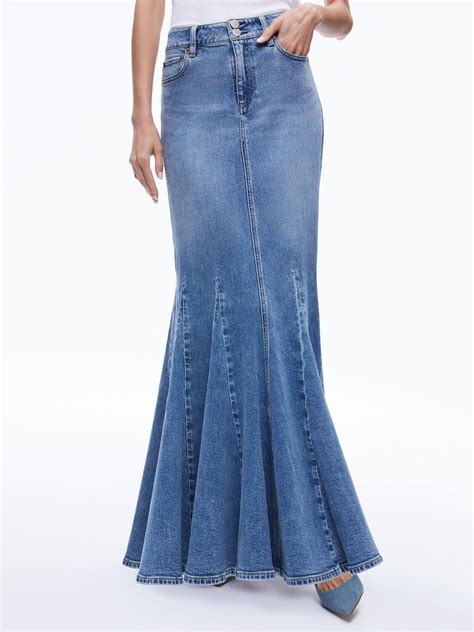 Alice + Olivia Nala Denim Godet Maxi Skirt in Blue | Lyst