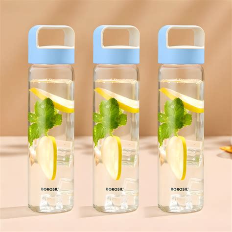 Borosil Neo 550ml Glass Water Bottle, Wide Mouth, Blue Lid with Handle ...