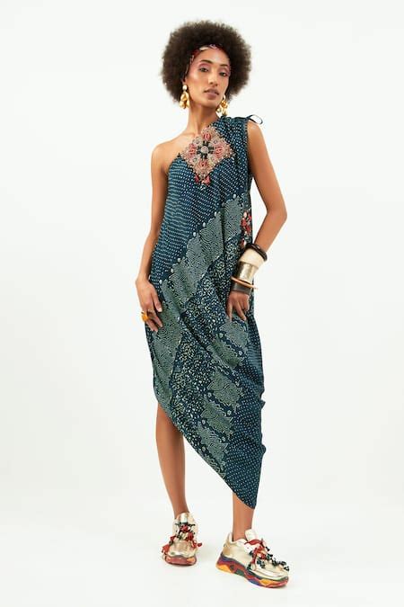 Buy Blue Crepe Embroidery, Sequins One Shoulder Rasa Draped Dress For ...