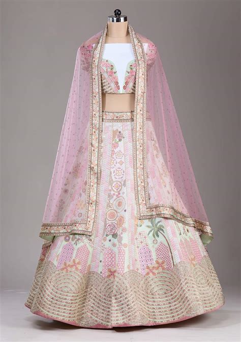 Buy Pista Green Swarovski Raw Silk Semi-Stitched Lehenga - Koskii