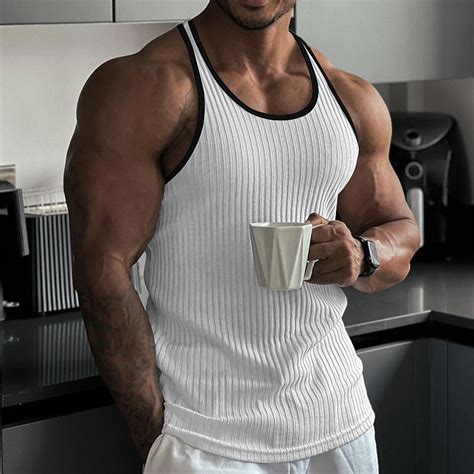 Men's Tank Top Rib Knit Top Wife beater Shirt Sleeveless Crew Neck ...
