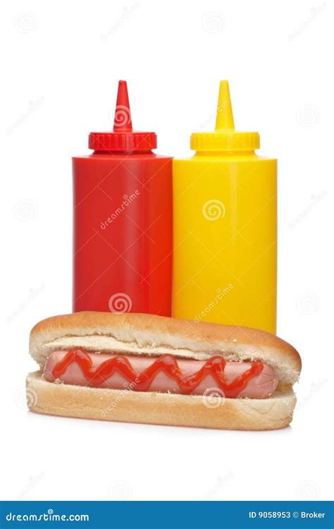 Hot Dog with Ketchup and Mustard Bottles Stock Image - Image of brown ...