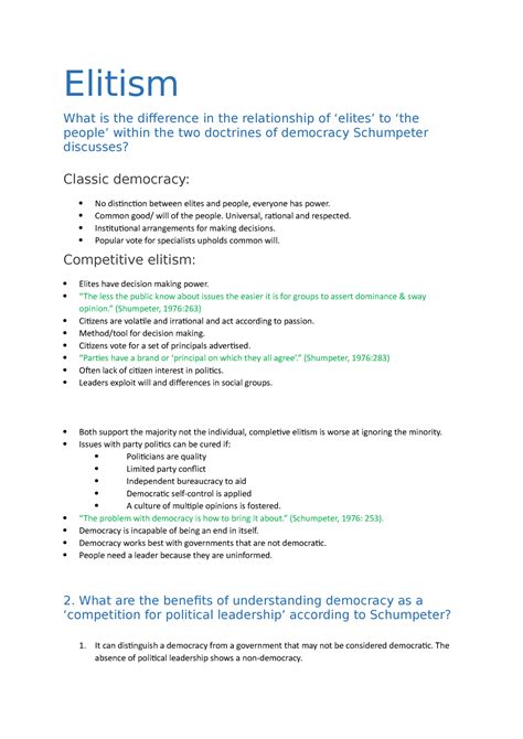 Revision notes - Elitism What is the difference in the relationship of ...