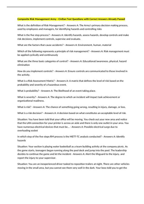 Composite Risk Management Army - Civilian Test Questions with Correct ...