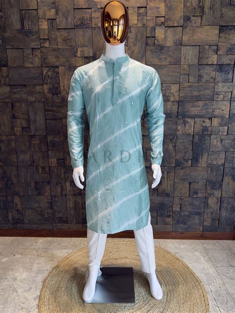 Teal Blue Viscose Kurta with Diagonal Tie-Dye and Sequins – House of Vardha