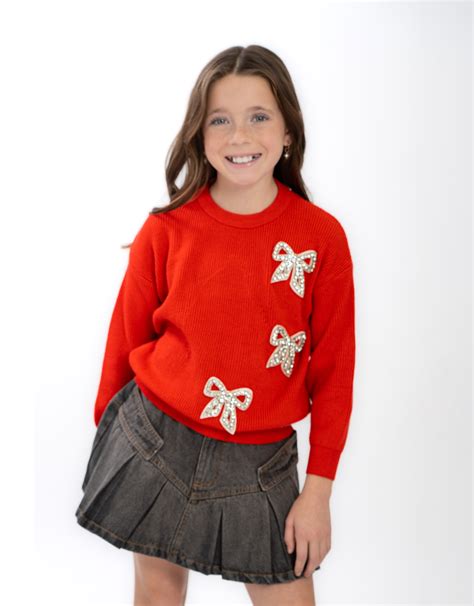 3 Bows on Red Crew Neck Sweater - Mini Macarons Boutique