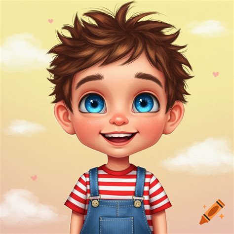 Cartoon portrait of a young boy with brown hair and big blue eyes ...